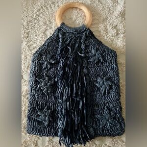 Anthropologie Rosalita Raffia Fringe Blue Mini Tote Bag